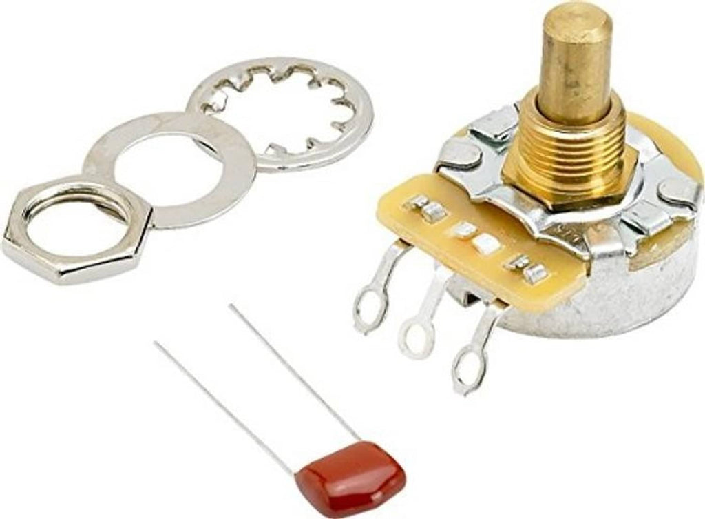 Audio potentiometer close-up with gold threaded shaft, silver metal base, red cap