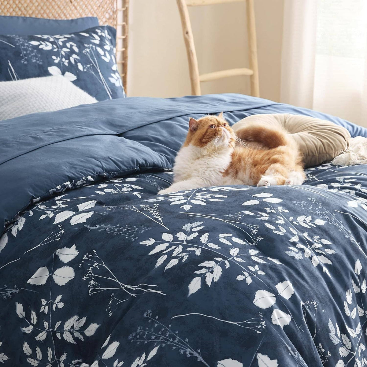 Navy floral comforter and pillow shams with a small pet resting on the bed