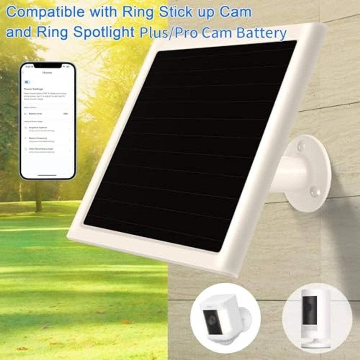 White solar panel charger with mounting bracket and cable set for outdoor use