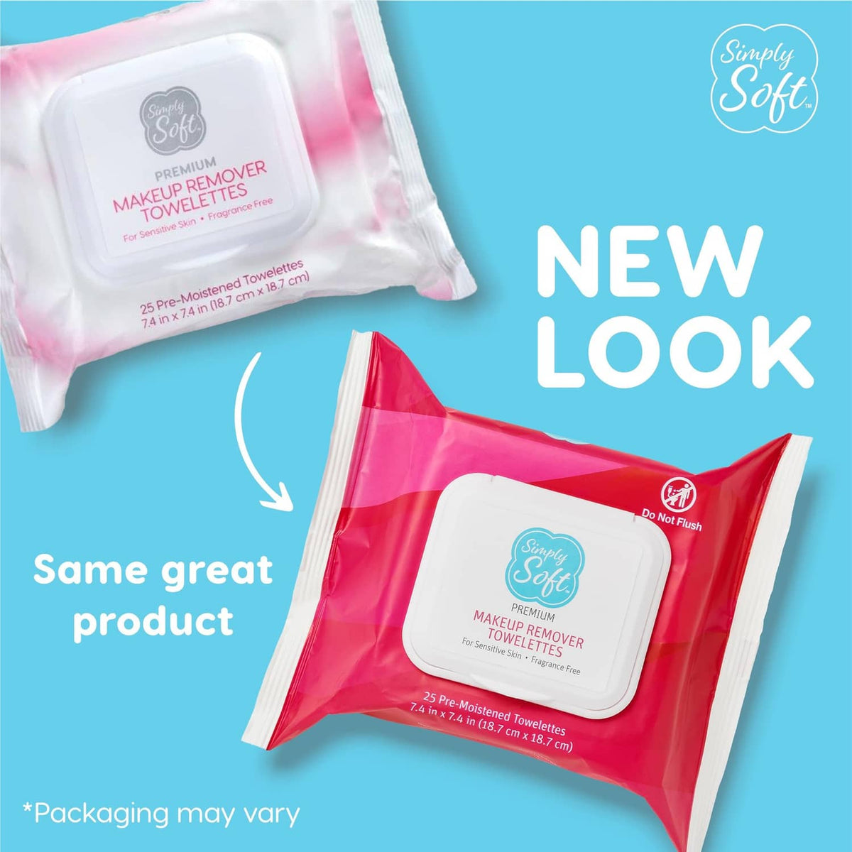 Simply Soft makeup remover towelettes, red wipes packs with white seal labels