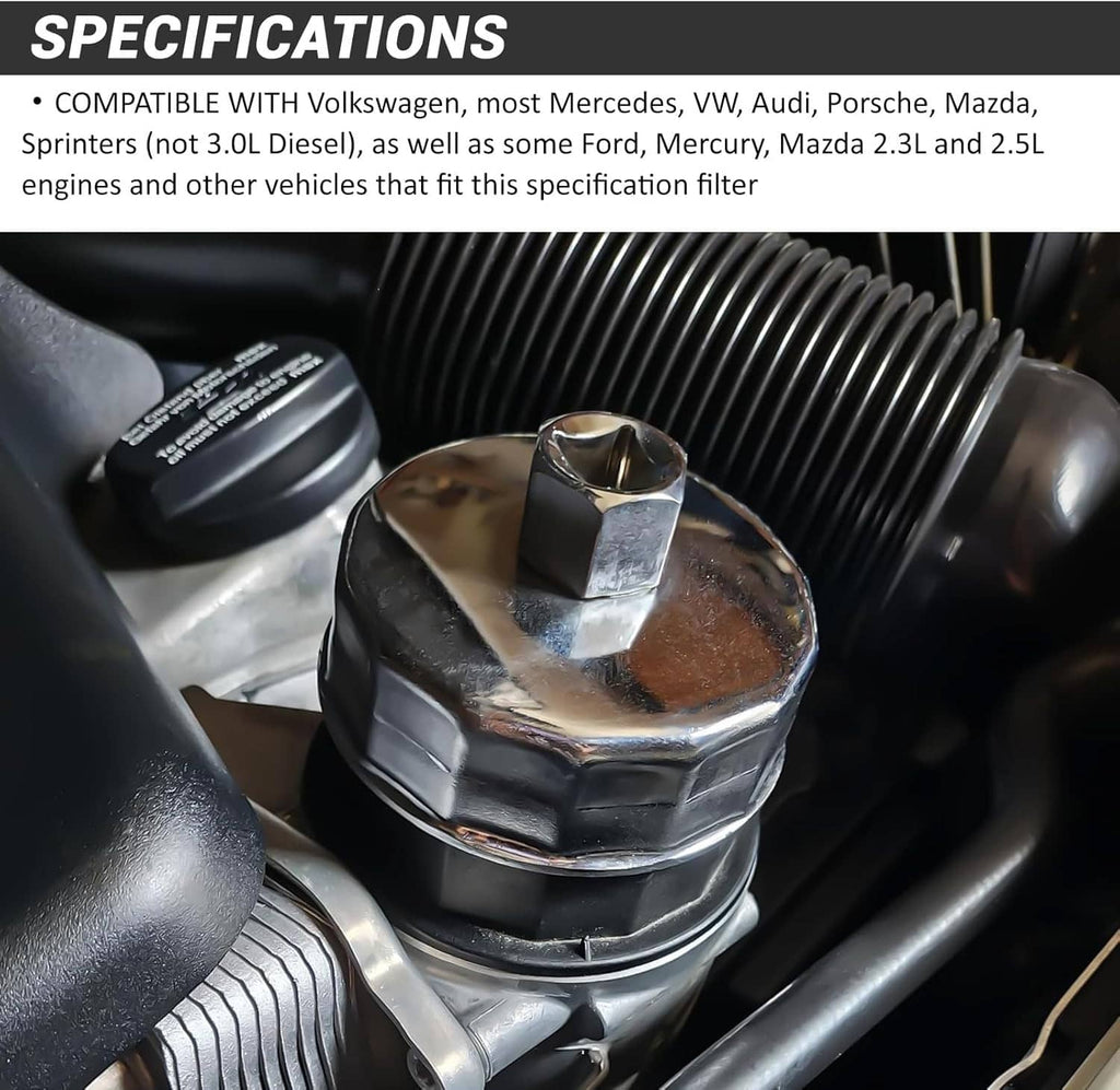 Chrome oil filter cap wrench socket fitted on an engine oil filter housing