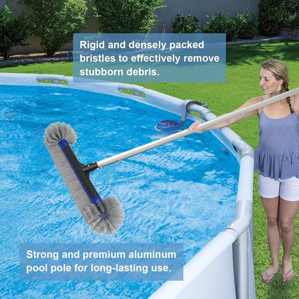 Aluminum pool pole with blue brush head featuring dense bristles for debris removal