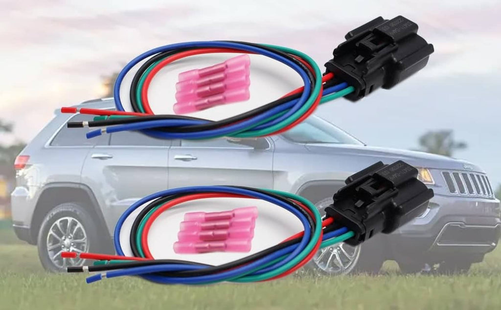 Headlight wiring connector harness with multi-pin plugs and pink terminal blocks