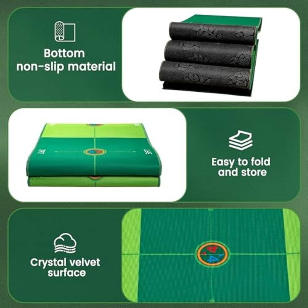 Green golf putting mat with non-slip bottom, crystal velvet surface, and easy fold design