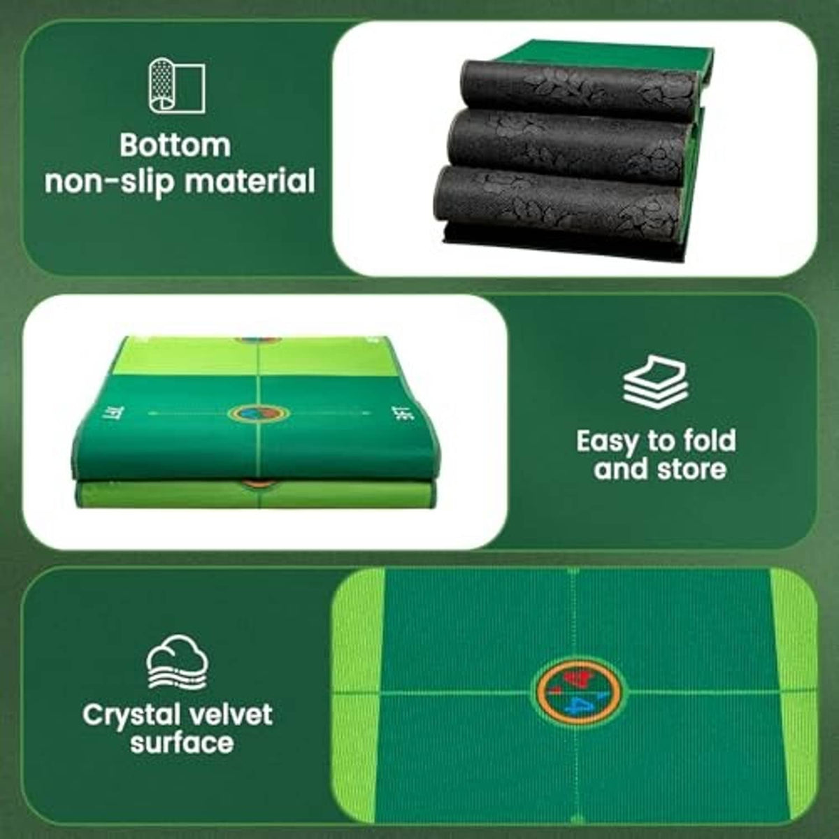 Green golf putting mat with non-slip bottom, crystal velvet surface, and easy fold design