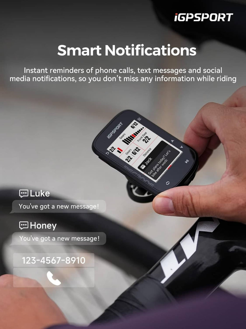 Smartphone with cycling app smart notifications list and message alerts