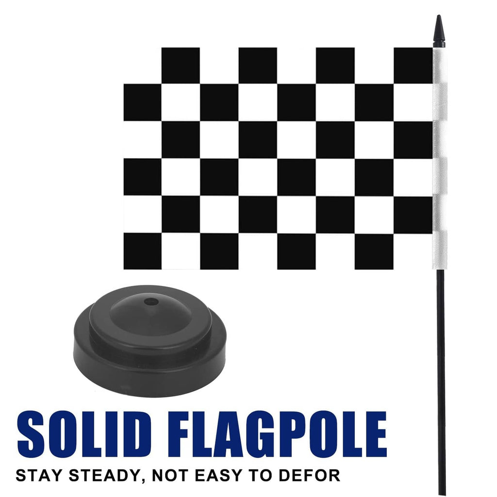 Black-and-white checkered racing flag on base with upright pole, close view
