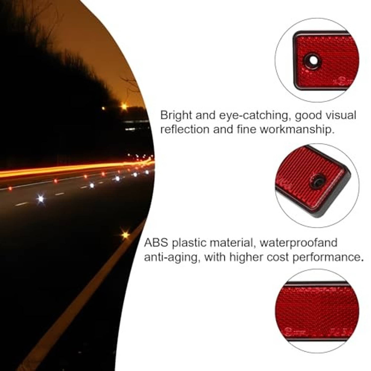 Red rectangular screw-on reflectors with mounting holes; textured reflective surface detail.