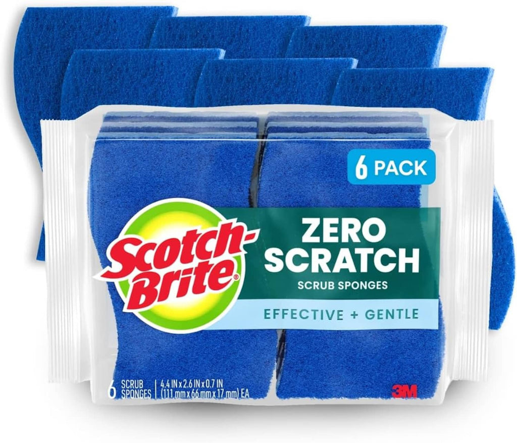 Blue zero-scratch scrub sponge set, 6-pack in clear plastic packaging.