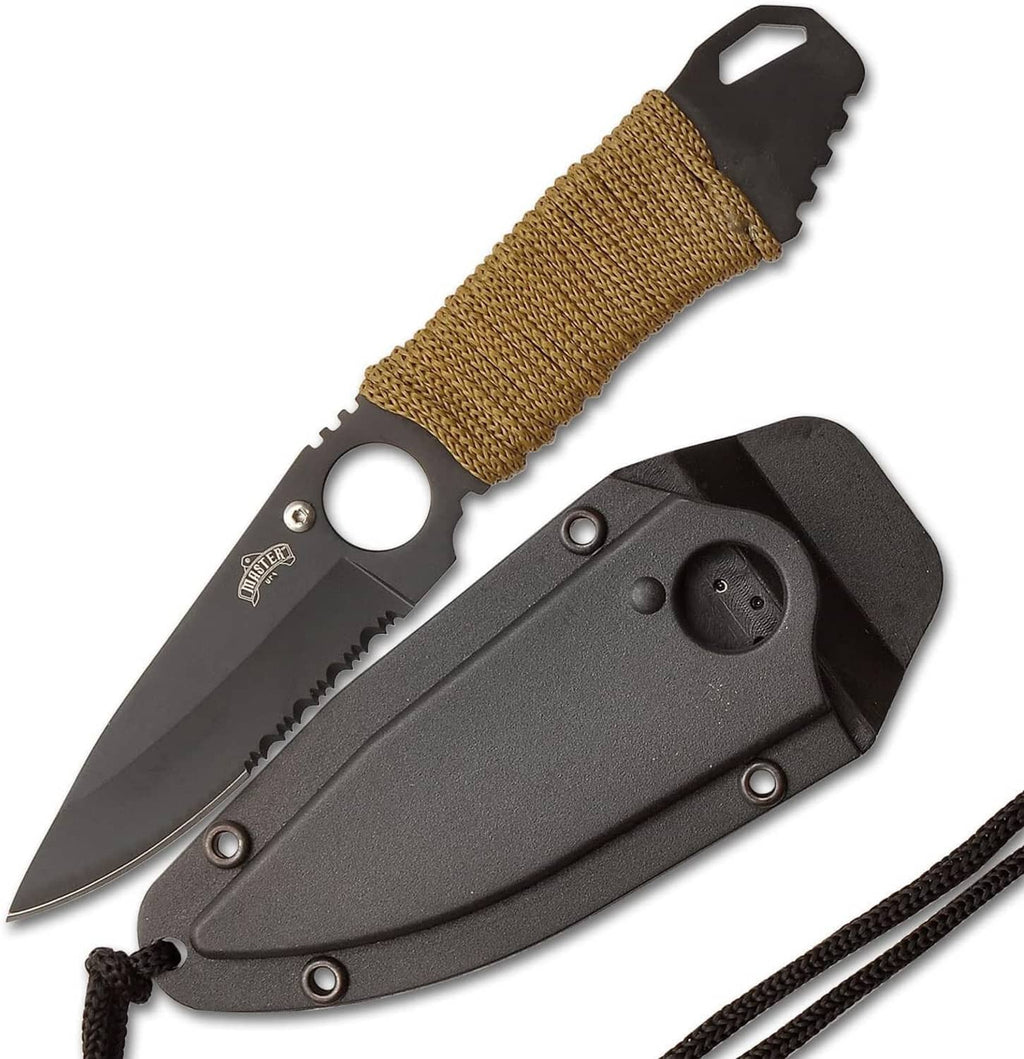 Fixed blade neck knife with dark blade, tan handle wrap, and black sheath with belt loop.