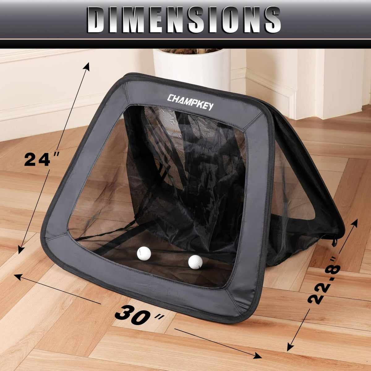 Triangular black chipping net showing front windows with size labels 24 in by 30 in