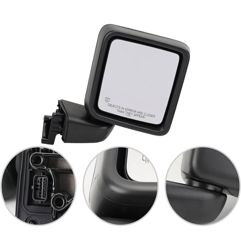 Black power heated side mirror with three circular detail views of housing and mount