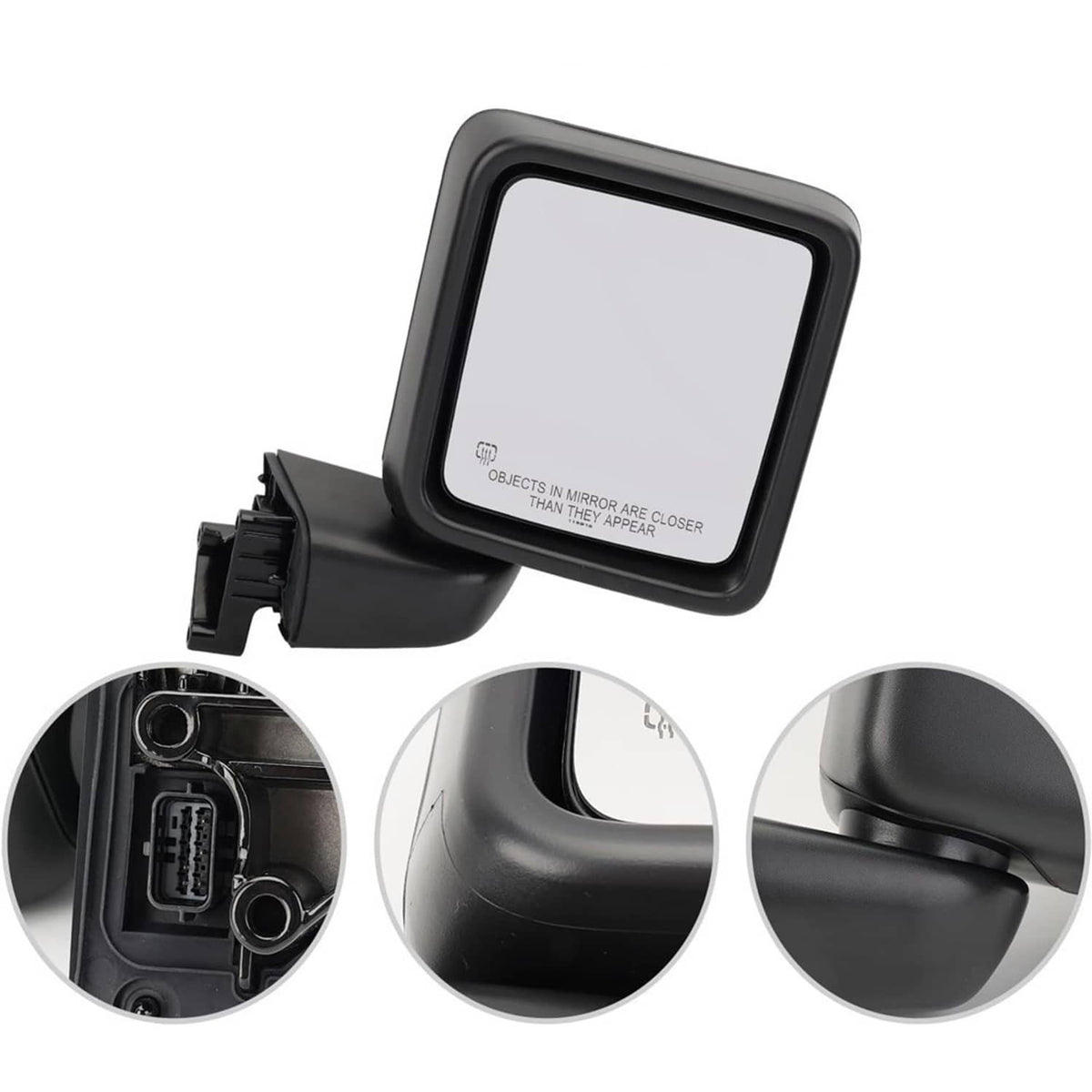 Black power heated side mirror with three circular detail views of housing and mount