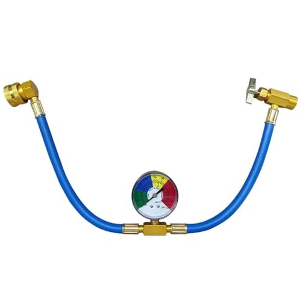 Car AC refrigerant hose kit with blue looped hoses, gold fittings, and pressure gauge
