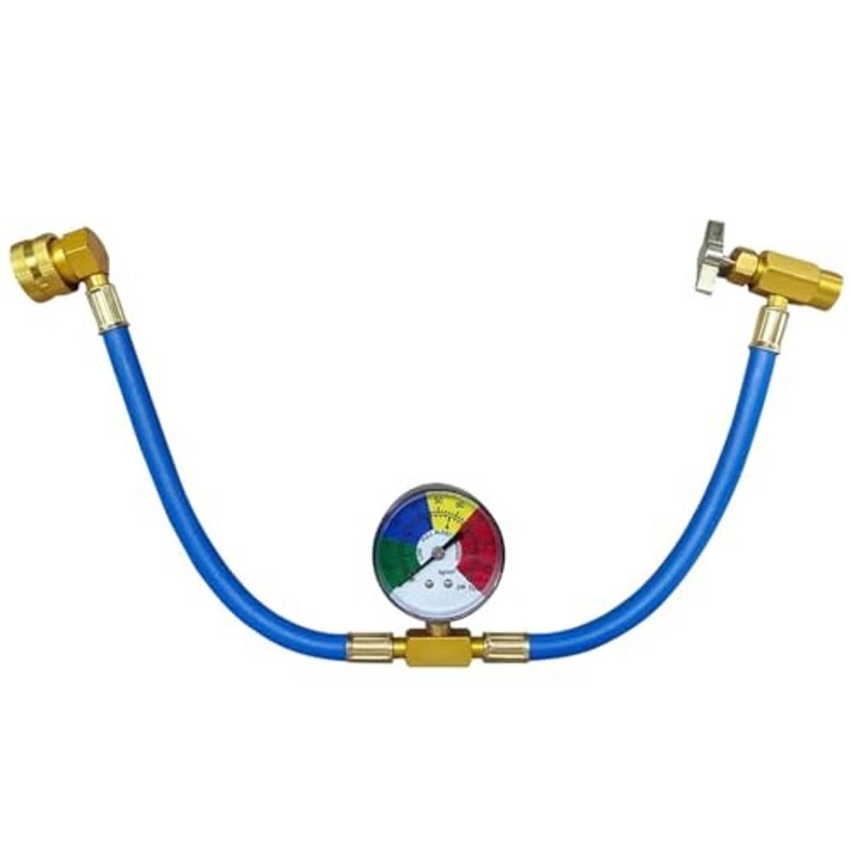 Car AC refrigerant hose kit with blue looped hoses, gold fittings, and pressure gauge