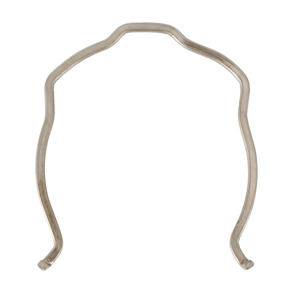 Gray metal gasket clip with two bent ends, rounded U-shape