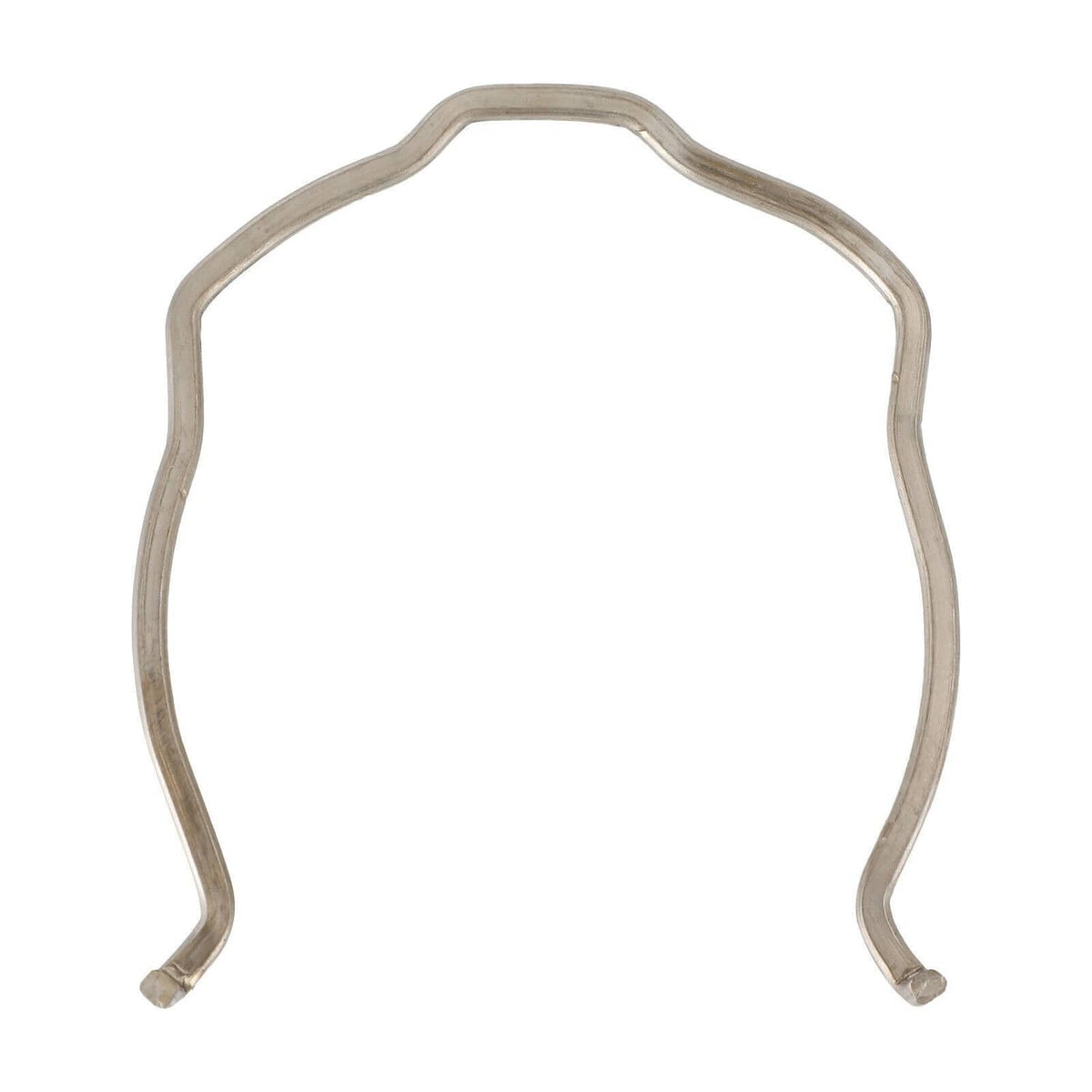 Gray metal gasket clip with two bent ends, rounded U-shape