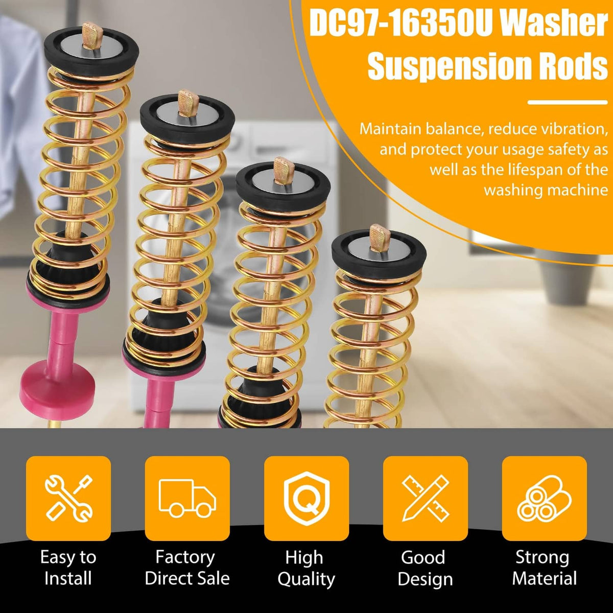 Washer suspension rods, multiple lengths shown: red posts, gold coil springs, black top caps.