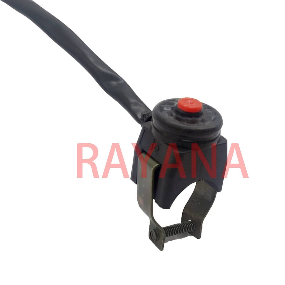Motorcycle kill switch with black body and red button on a handlebar clamp