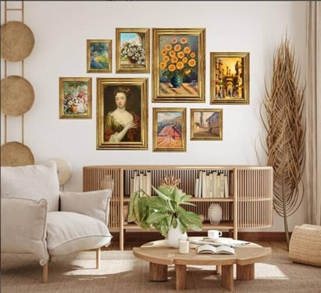 Multiple gold picture frames with ornate borders arranged on a wall, mixed small sizes.