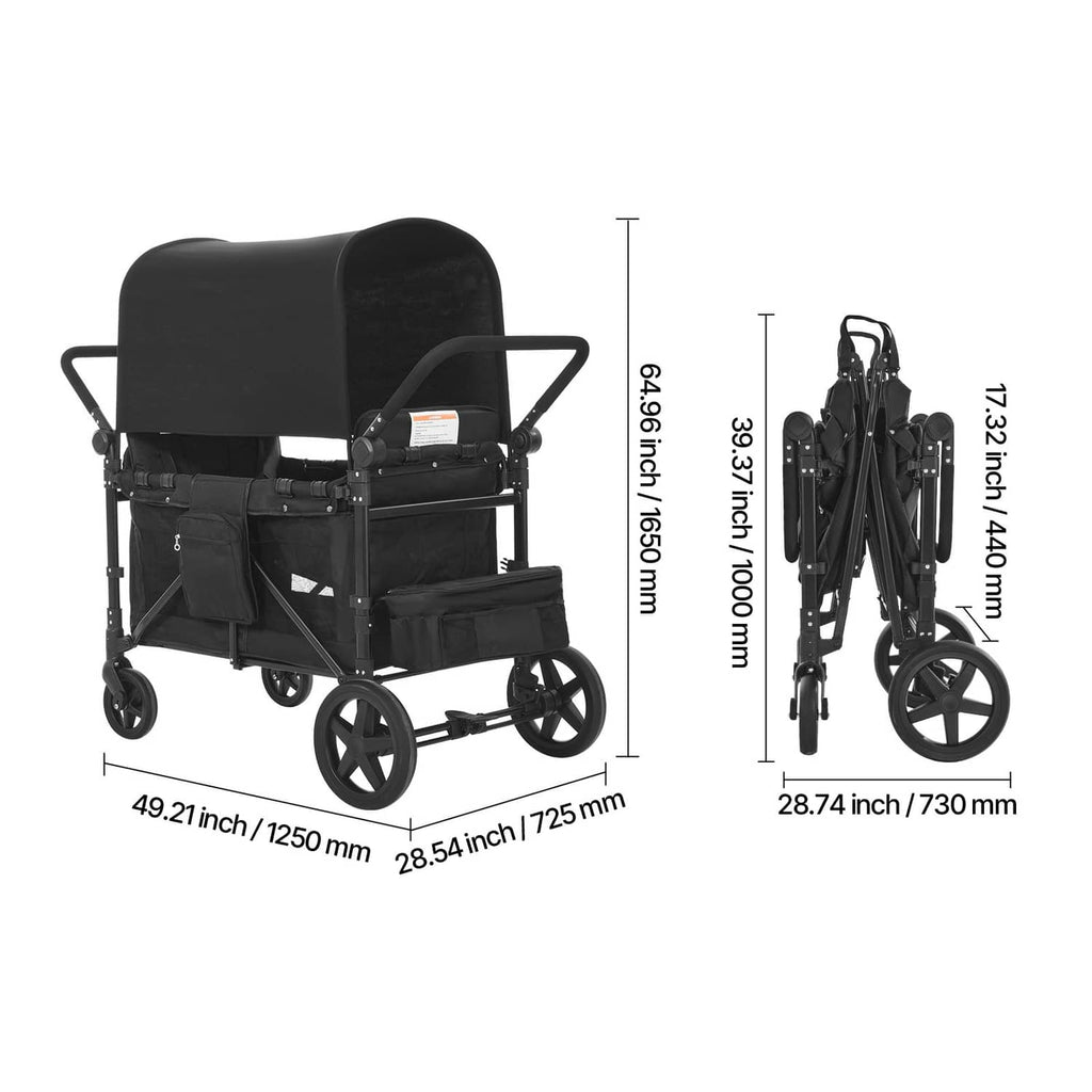 Black 4-seat wagon stroller, folded side view with canopy and compact frame