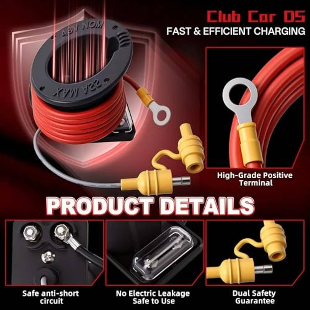 Black charger receptacle with coiled red cable and yellow positive terminal connector