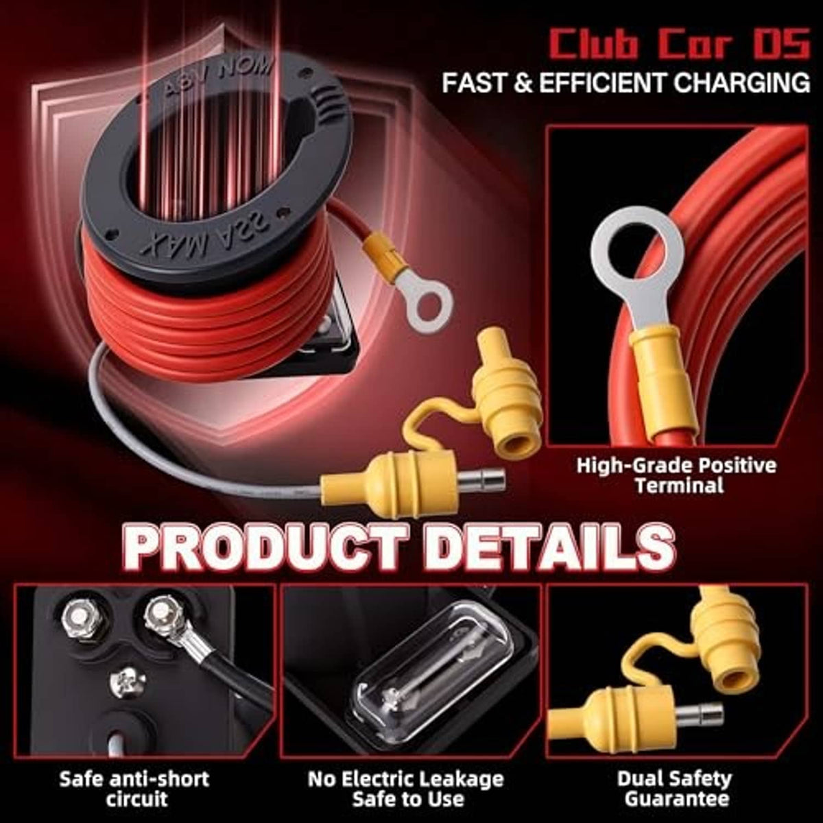 Black charger receptacle with coiled red cable and yellow positive terminal connector
