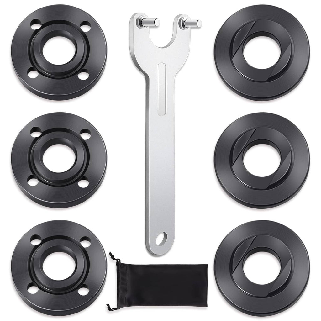Set of black nut flanges, silver wrench tool, and black storage pouch