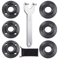Set of black nut flanges, silver wrench tool, and black storage pouch