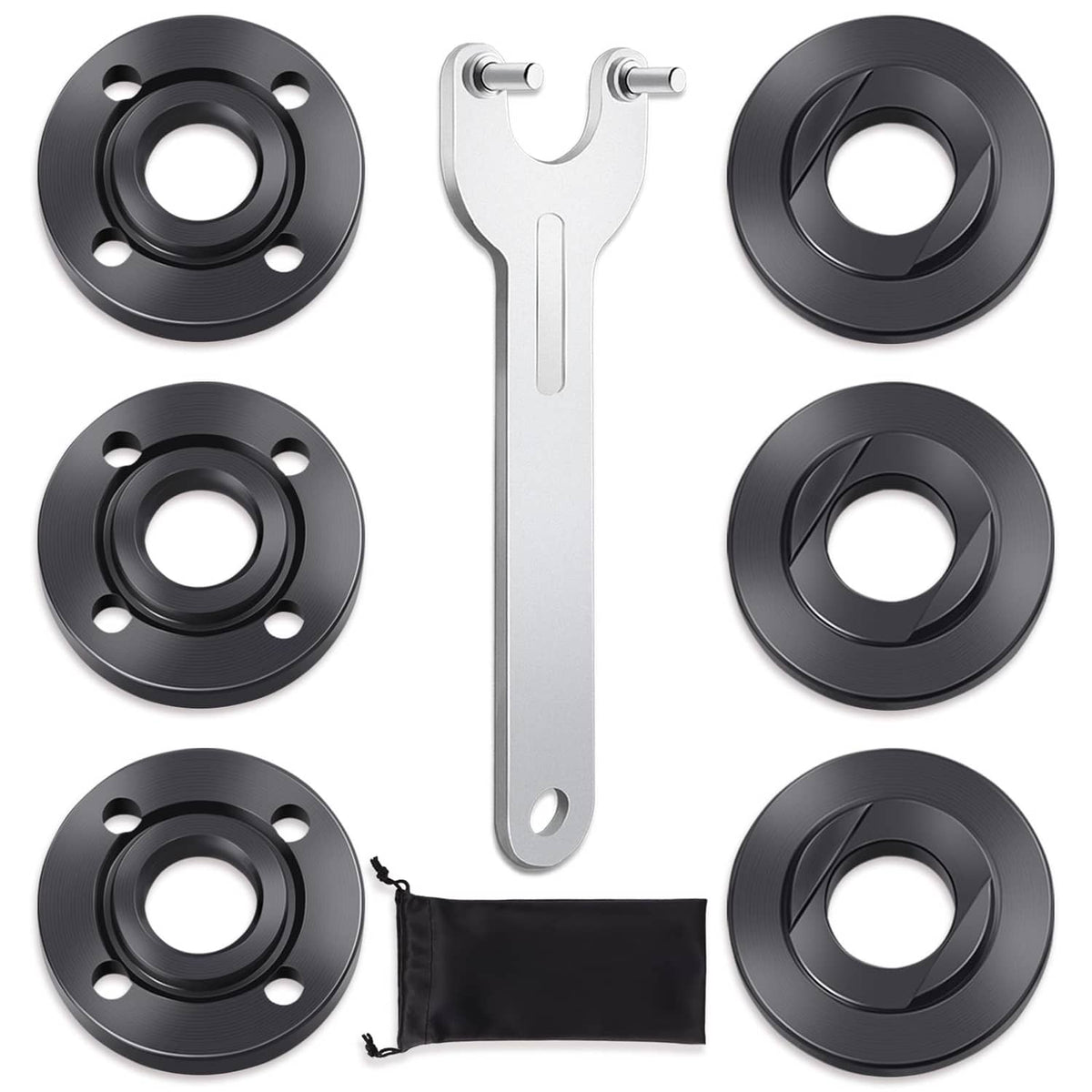 Set of black nut flanges, silver wrench tool, and black storage pouch
