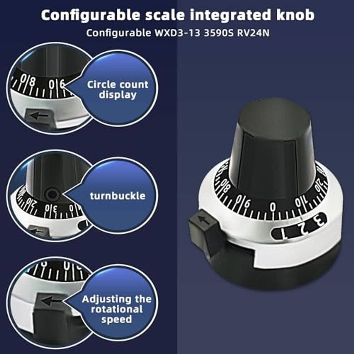 Adjustable potentiometer knob with black top, silver ring, and dial markings