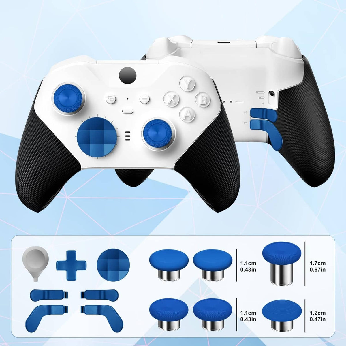 White Xbox Elite controller with blue thumbsticks and accessory size chart