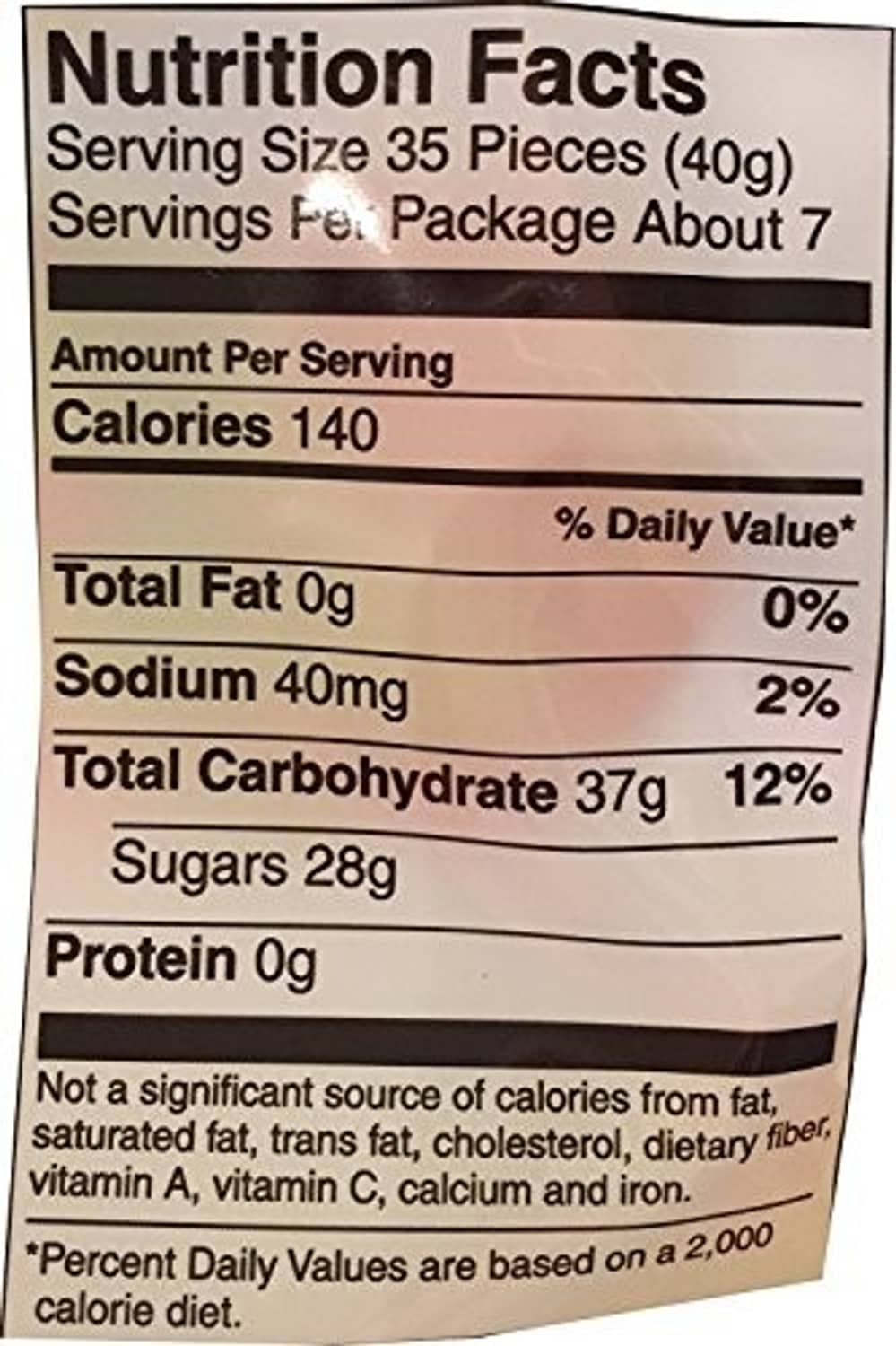 Nutrition Facts panel on jelly bean package, serving size 35 pieces (40g)