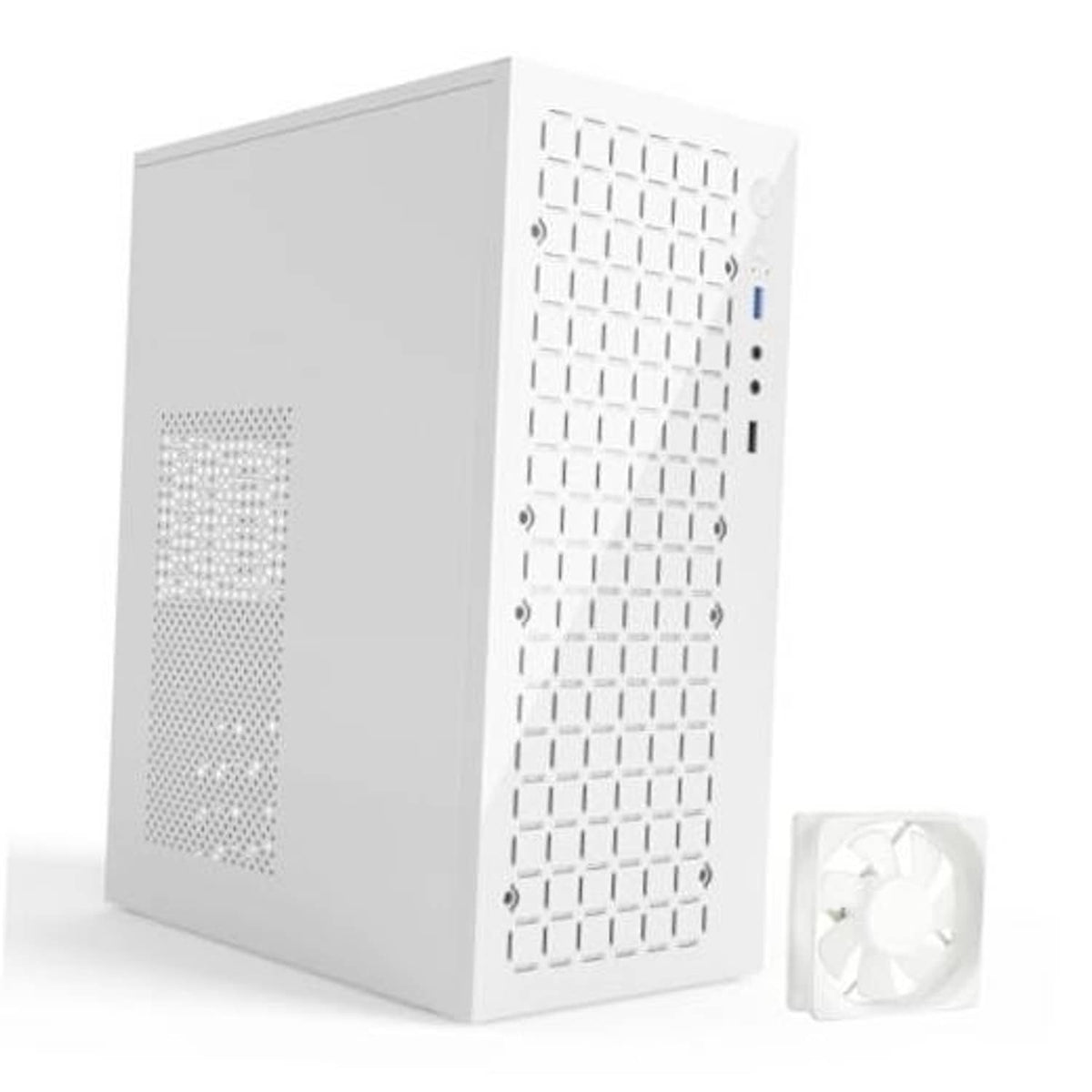 White micro ATX computer case with mesh front panel and included cooling fan