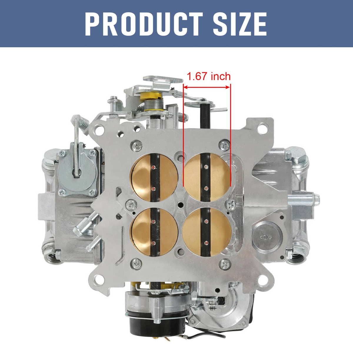 Carburetor top view with four bores and dual black linkage panels