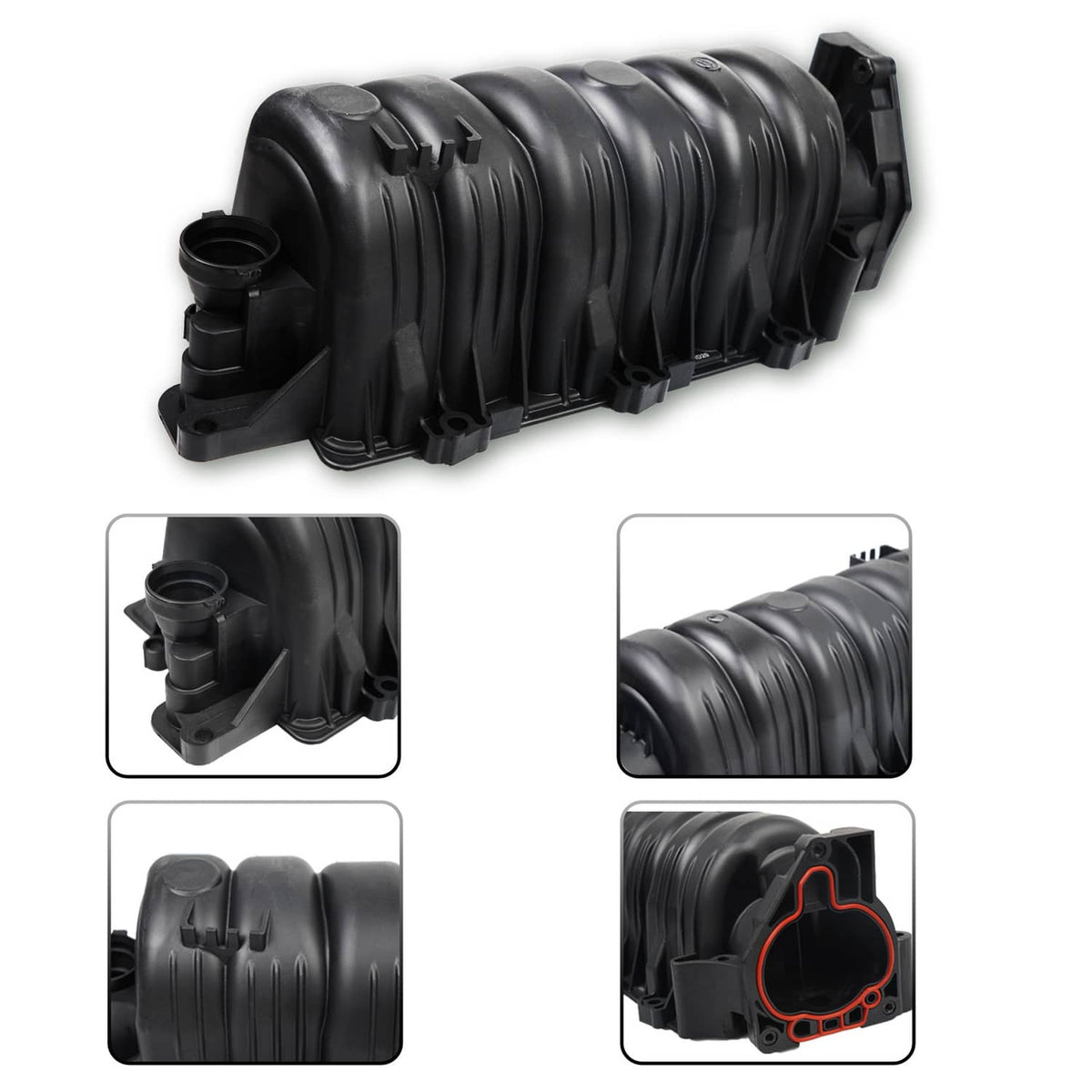 Black ribbed intake manifold housing with multiple ports and gasket detail inset