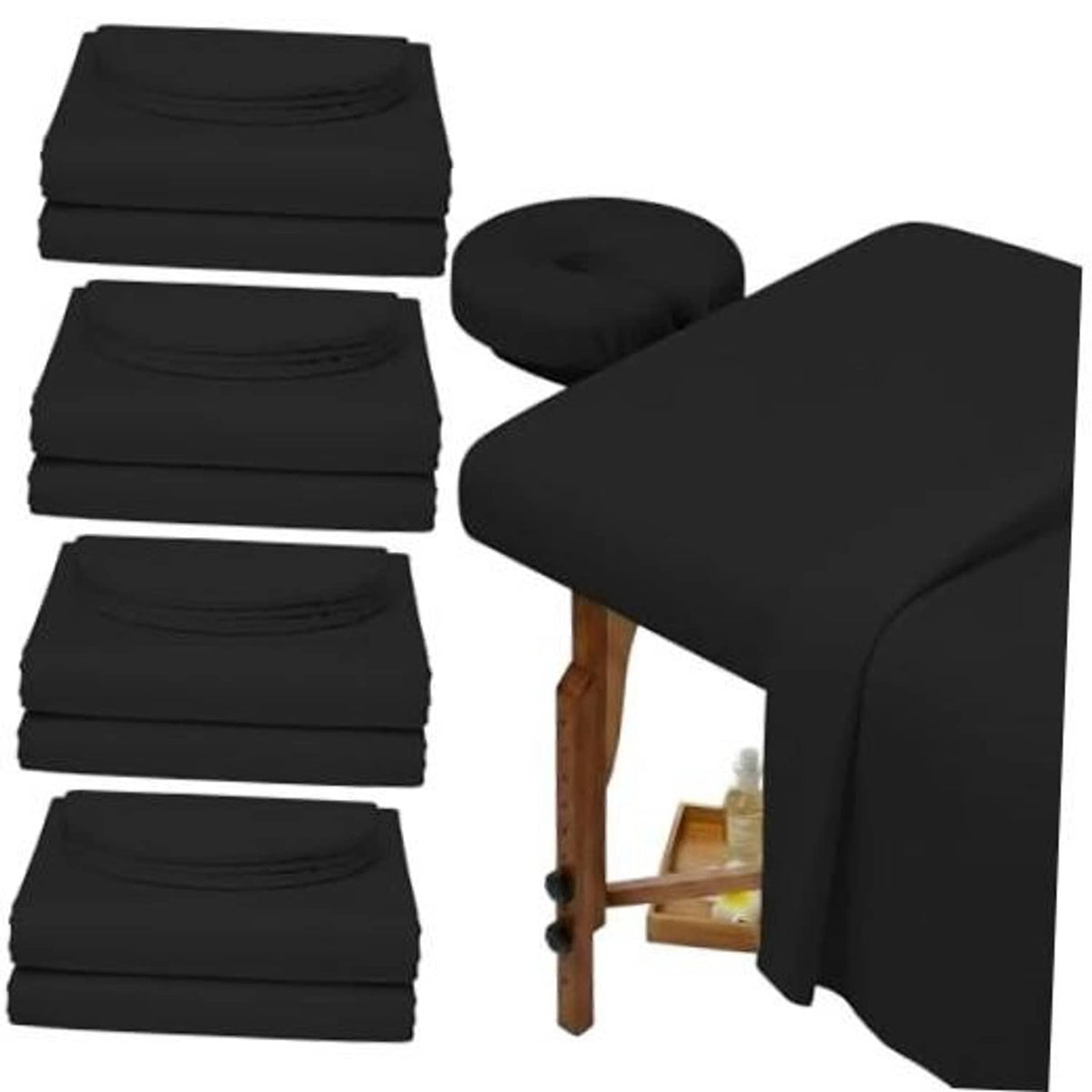 Black massage table sheet set with face rest cover, stacked 4-piece bundle