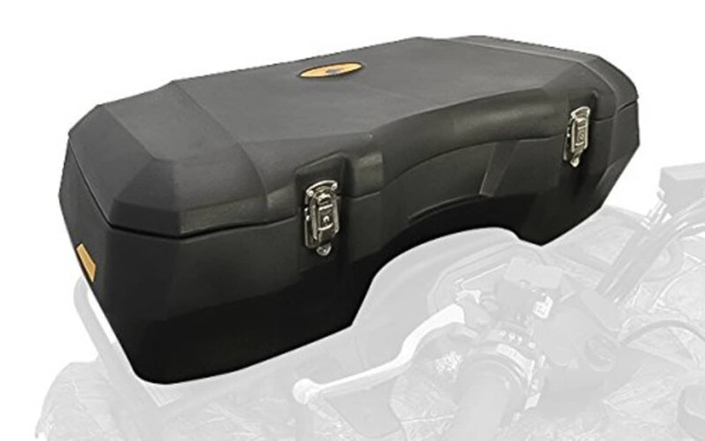 ATV front storage box with hinged lid and two metal latch locks, dark gray