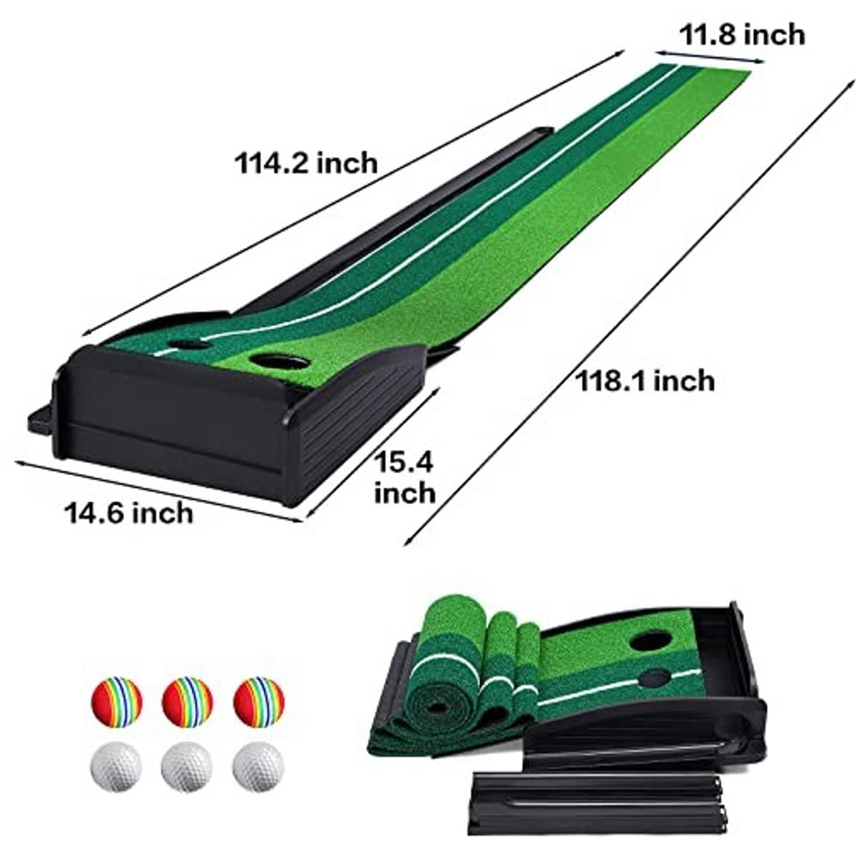 Golf putting mat with green turf and black frame; includes rolled mat and practice balls
