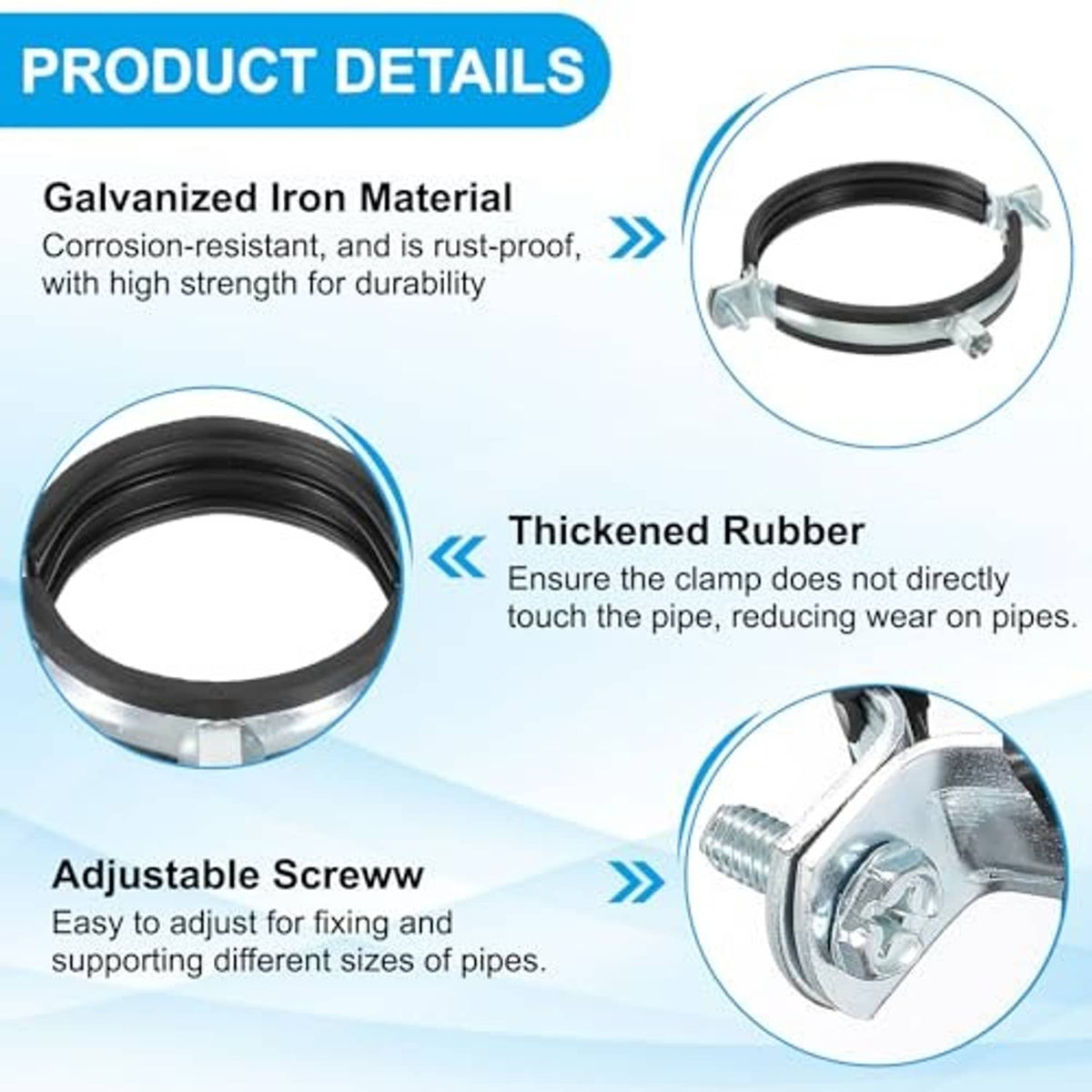 Black rubber-lined split pipe clamp with galvanized iron band and adjustable screw