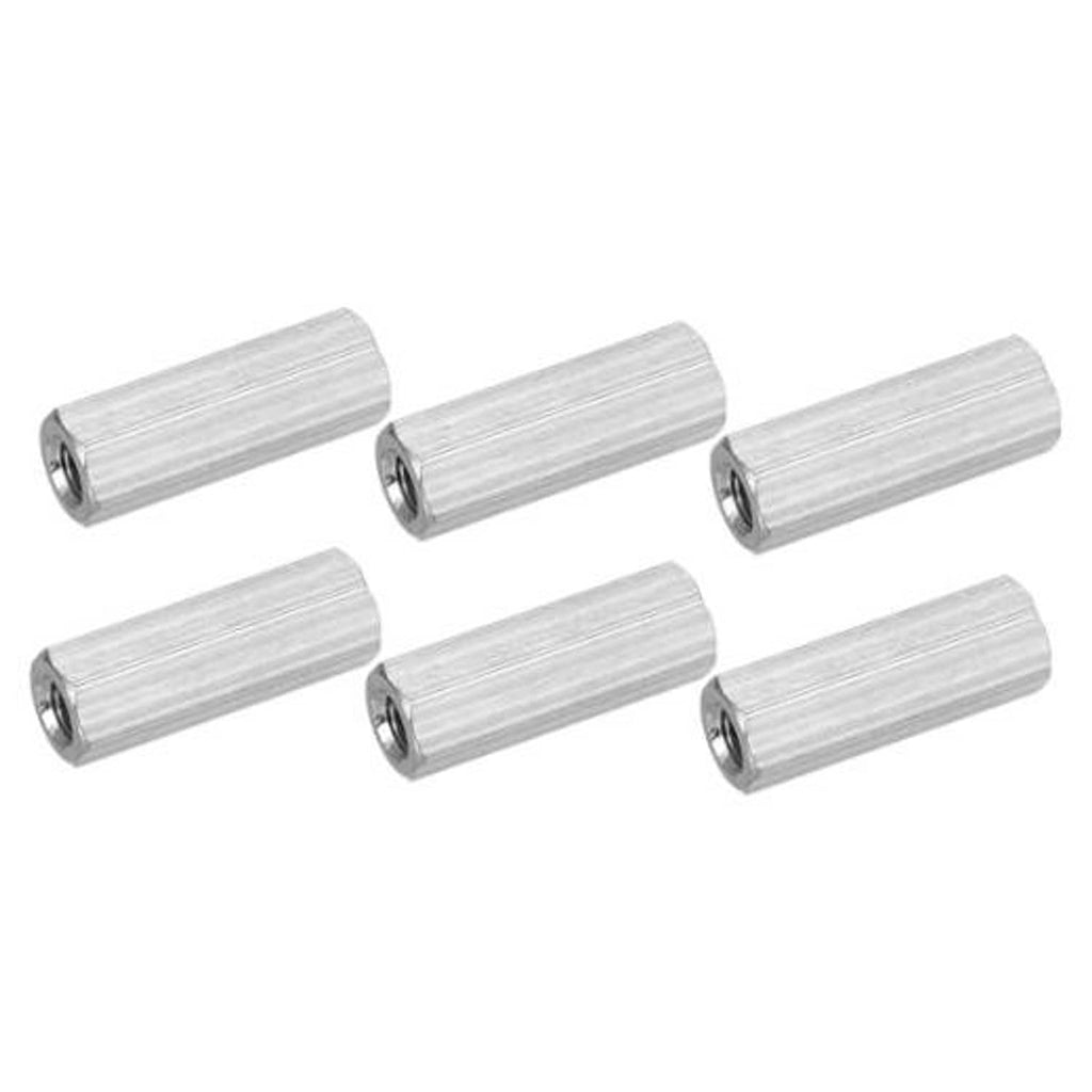 Set of 6 M6 coupling nuts, silver stainless steel hex sleeves