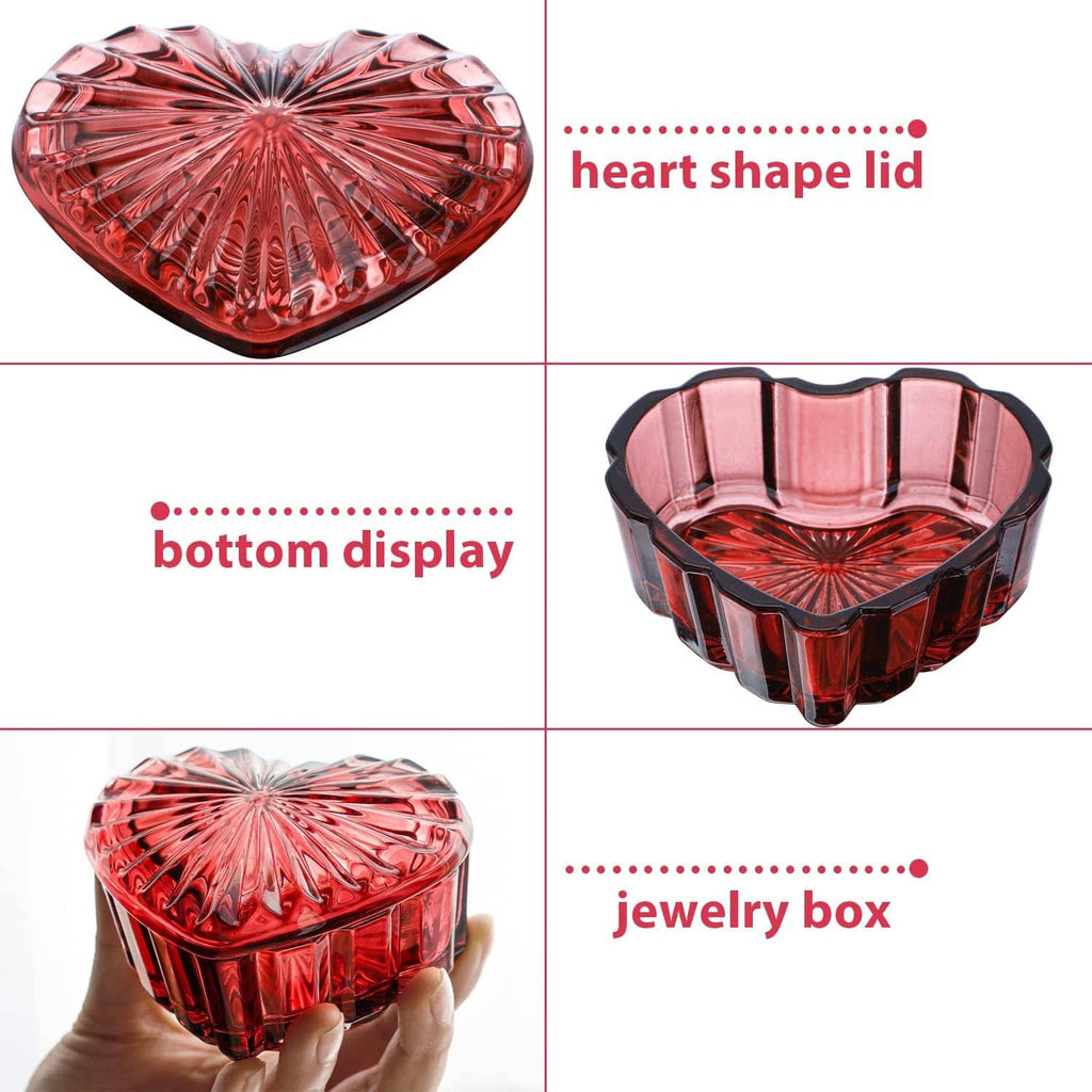 Heart-shaped crystal jewelry box showing lid and base, red faceted glass