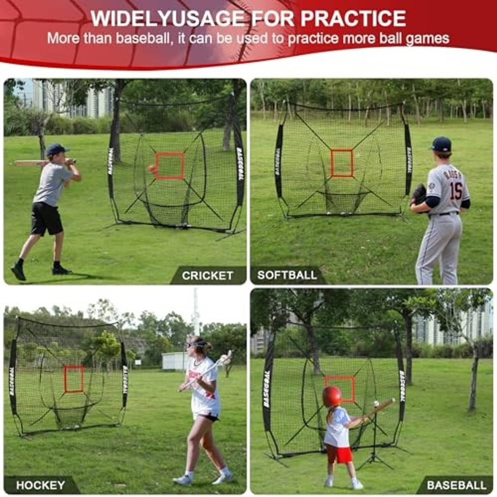 Baseball practice net with black frame, mesh strike zone, and red target box
