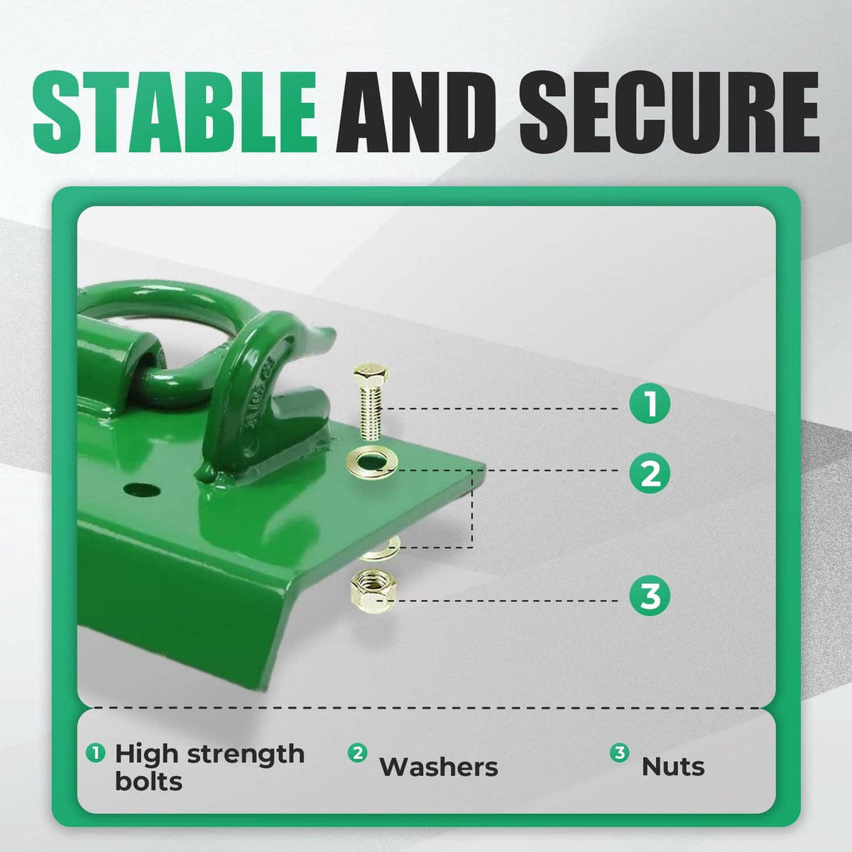 Green steel D-ring grab hook with hardware points shown on mounting plate