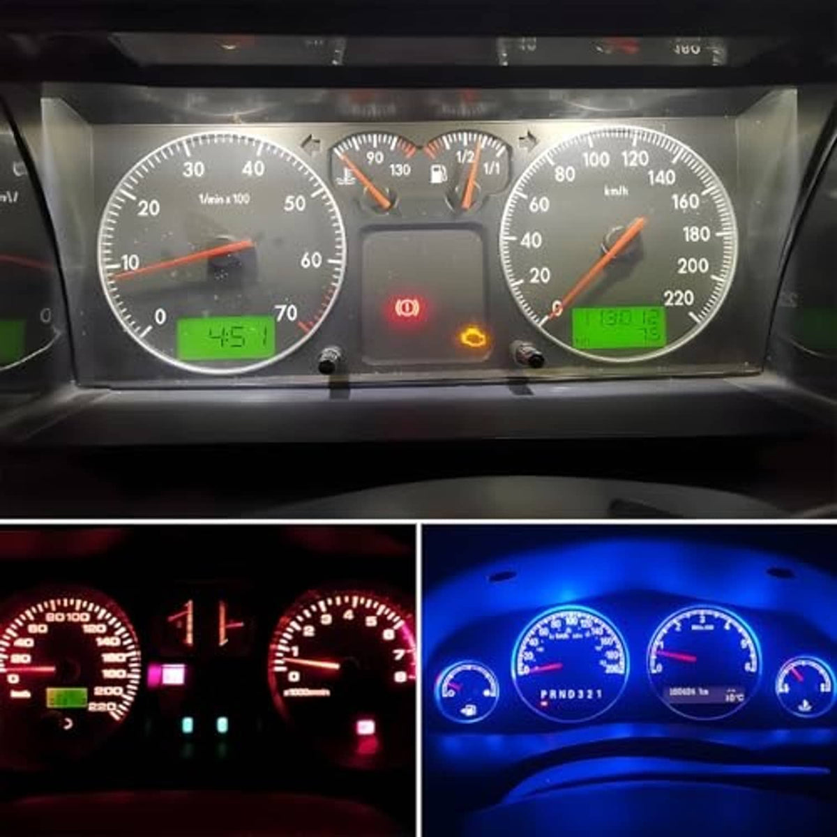 Car instrument cluster with dual-color LED illumination, blue and red gauge lights