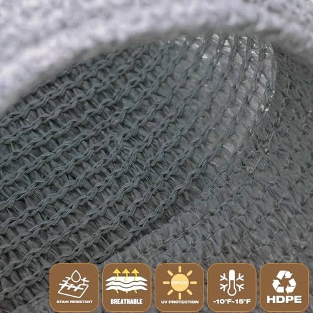 Close-up of gray woven sun shade fabric texture with overlapping mesh strands