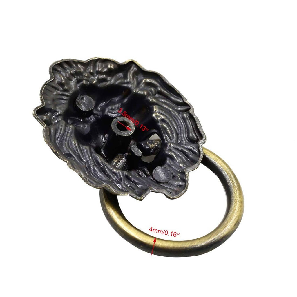 Bronze lion head cabinet knob pull with ring handle, close-up view