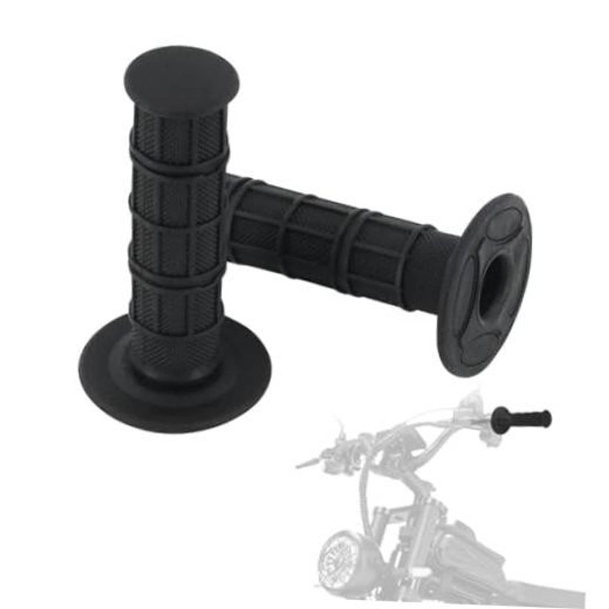 Black rubber handlebar grips pair, textured wrap pattern with flared end caps