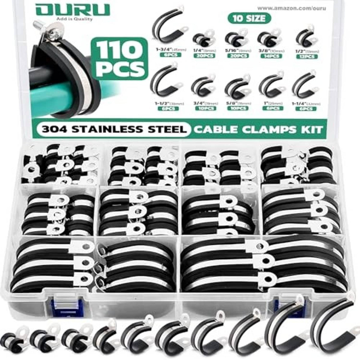 Cable clamp kit with 110 stainless steel clamps, assorted sizes, black rubber-lined rings in tray