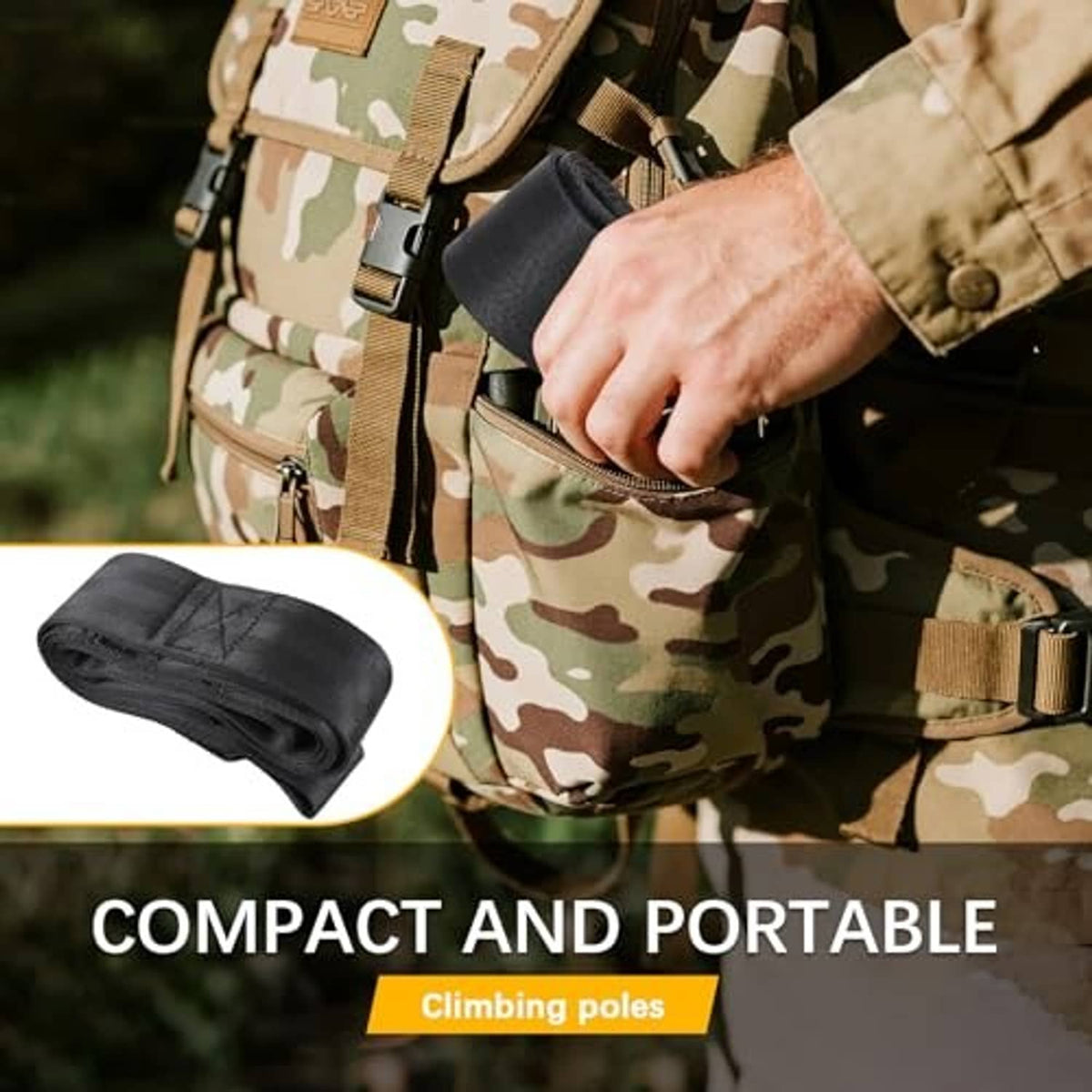 Rolled black 3-step climbing aider with webbing strap end, compact for carrying